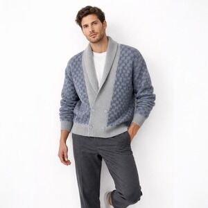 Samband of Iceland Pure Wool Cardigan Sweater Blue Gray Shawl Collar Mens Medium